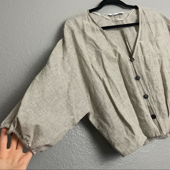Zara Linen Puff Sleeve Pinstripe Button Down Blouse - Picture 2 of 6